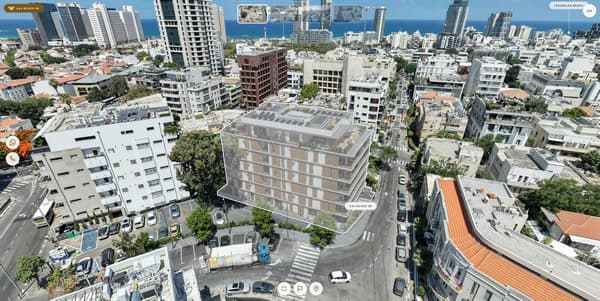 The aerial layer of the tour: a 360° view over the roof, landmarks pinned to the skyline