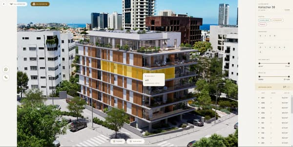 The orbit layer: the building mid-rotation, apartments picked out on the façade