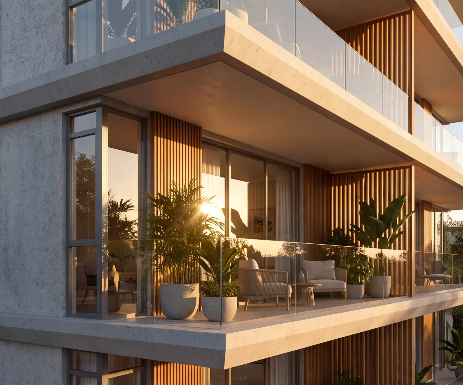 A planted terrace backlit by the setting sun