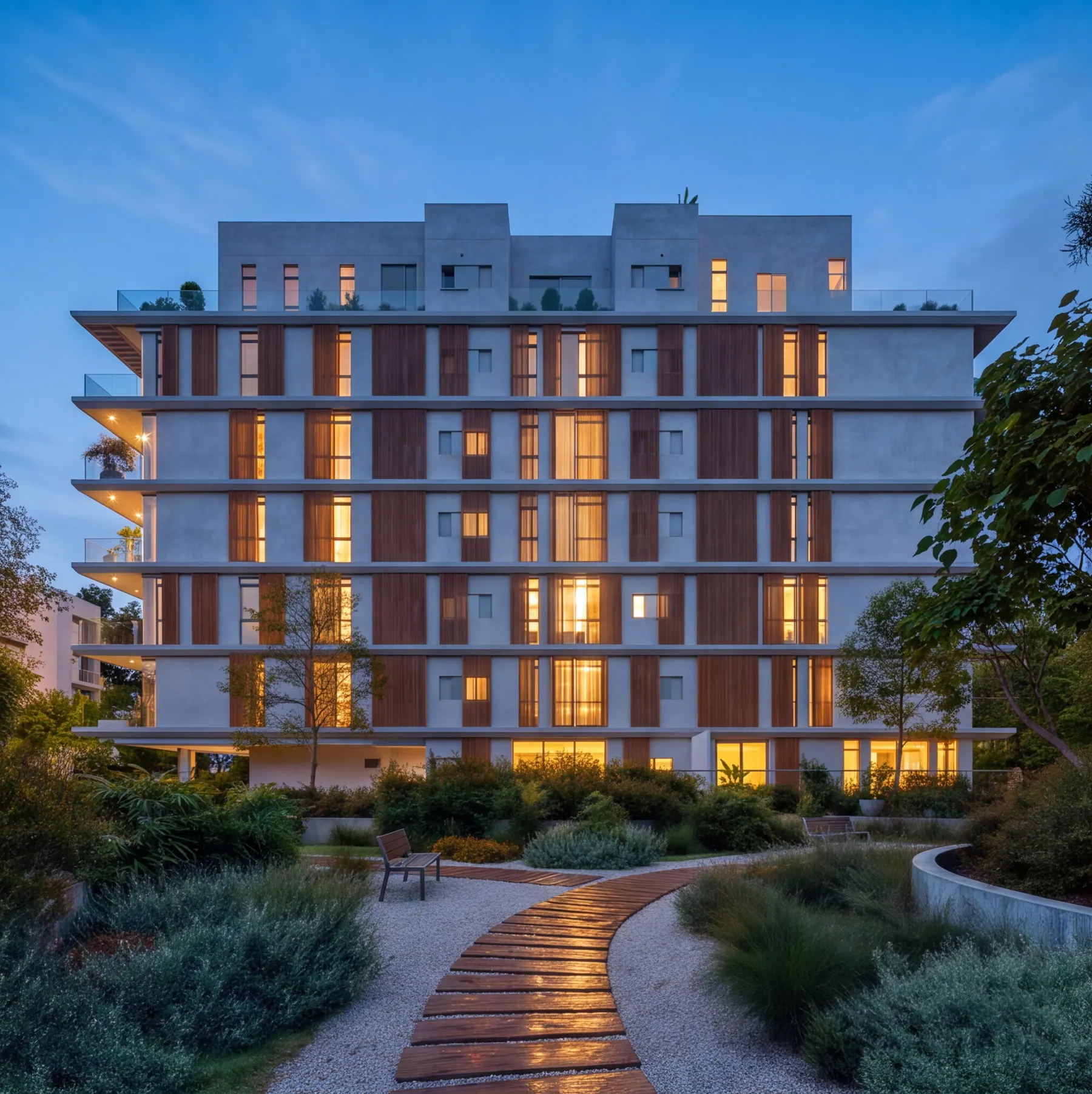 The garden elevation of the building at blue hour