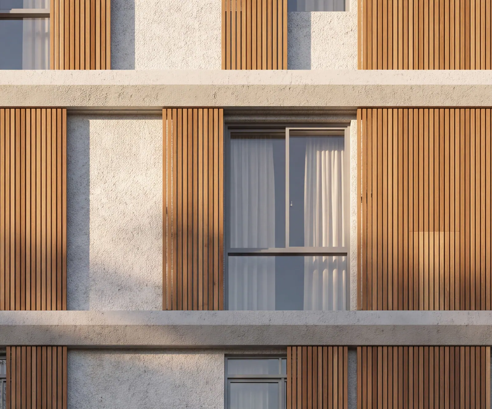 Close view of the façade: travertine piers and vertical timber louvres