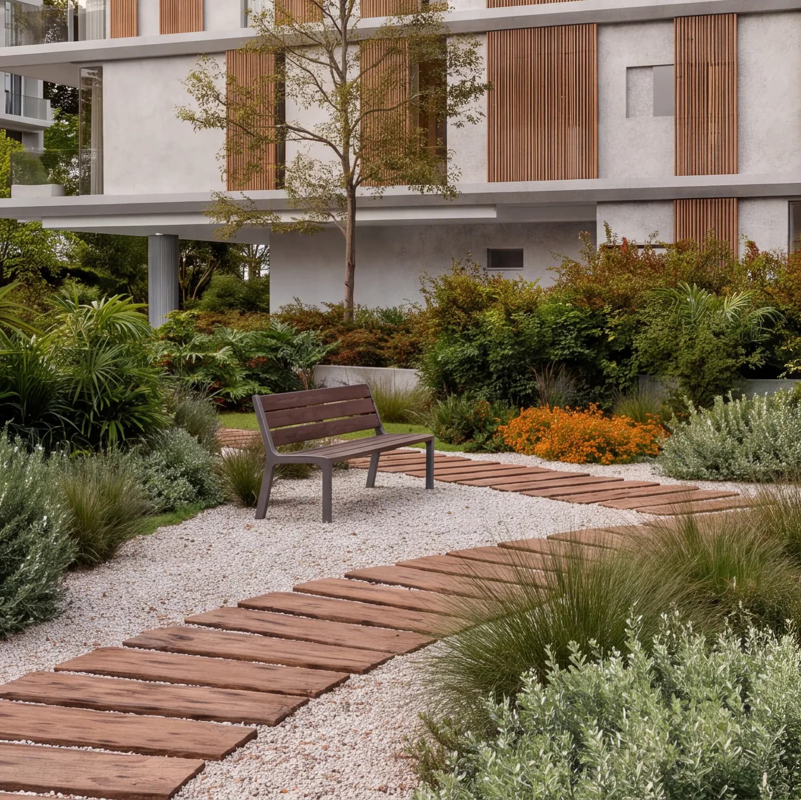 Timber boardwalk winding through a planted courtyard garden