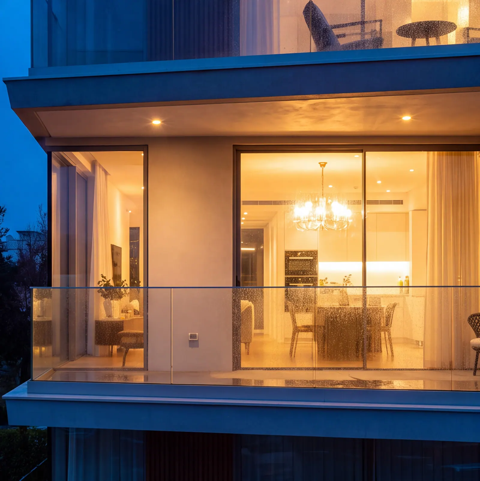 Lit interiors seen through full-height glazing at dusk
