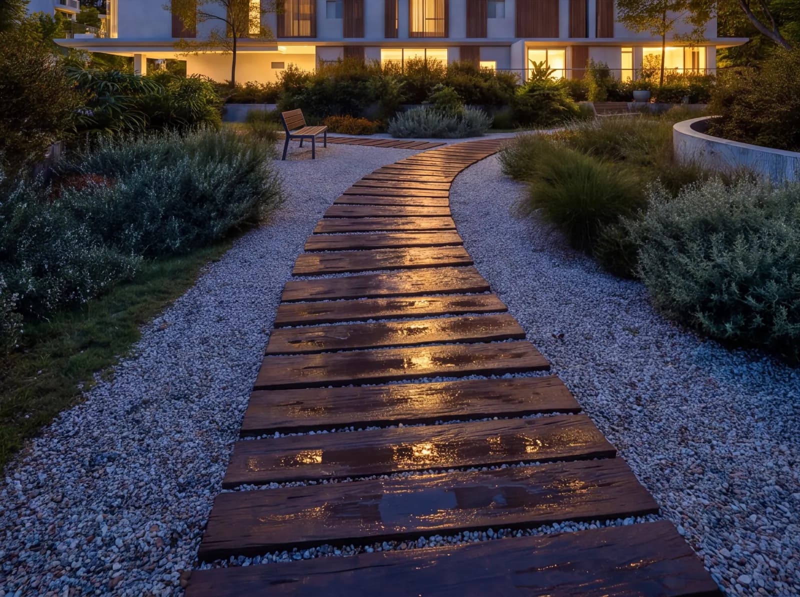 The lit boardwalk path through the garden at night