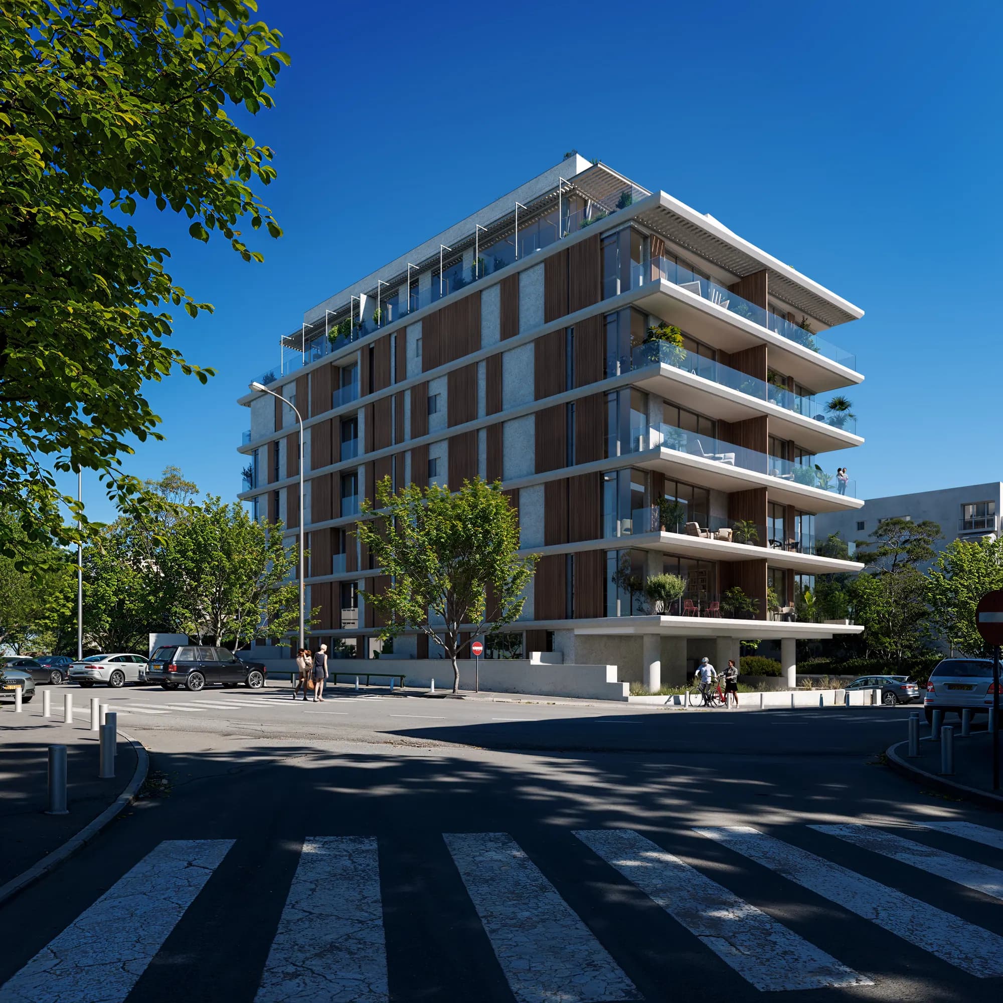 The building seen from the street corner on a clear day