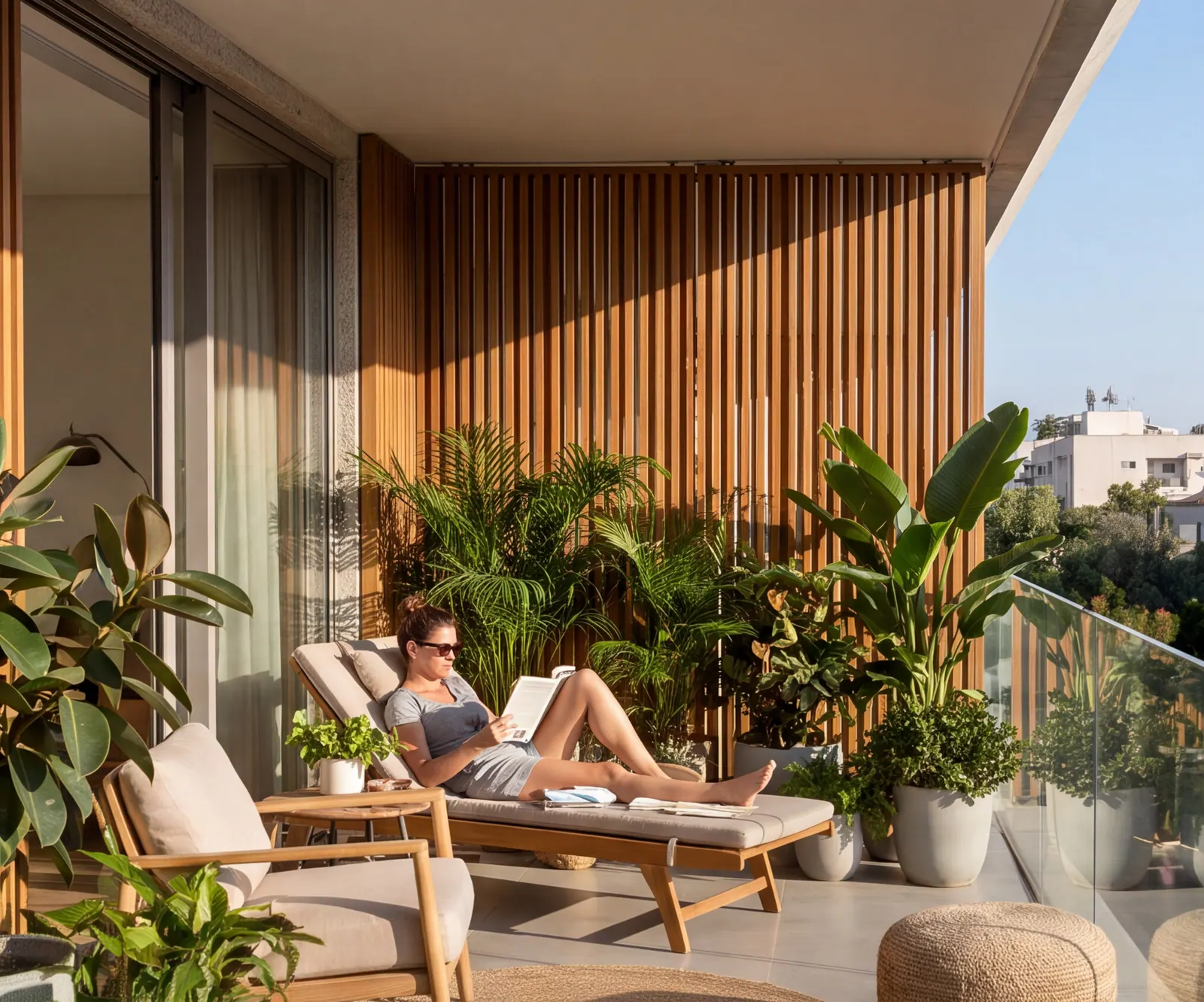 A shaded terrace with timber louvres, planting and lounge furniture