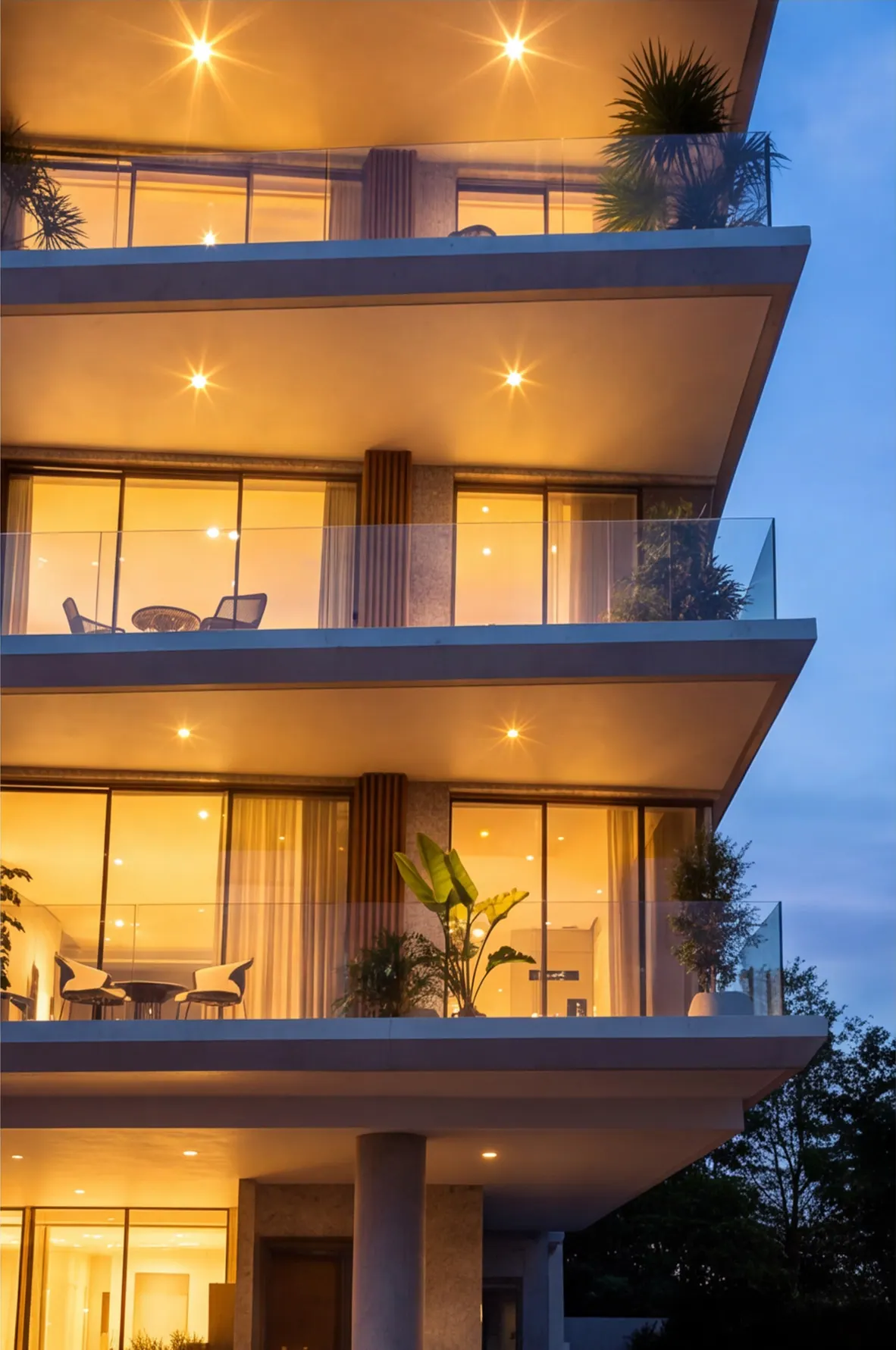 Stacked cantilevered terraces glowing at dusk
